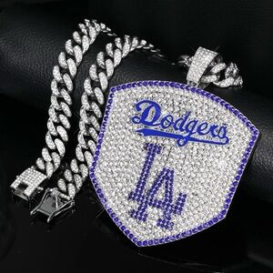 Iced Out Cuban Chain Rhinestone Large Pendant Necklace LA DODGERS MENS 20” Chain